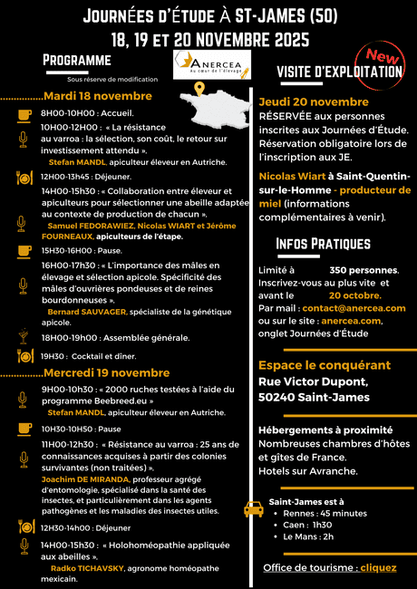 Programme des Journées d'Étude de l'Anercea. Novembre 2025 à St-James (Manche). Congrès apicole autour de l'élevage en apiculture.