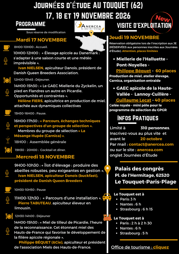 Programme des Journées d'Étude de l'Anercea au Touquet, novembre 2026. Congrès apicole.